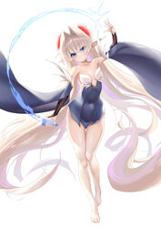  absurdly_long_hair absurdres backless_outfit bare_legs bare_shoulders barefoot blonde_hair blue_eyes blue_leotard breasts breasts_apart bridal_gauntlets closed_mouth collarbone covered_navel ehart elf female floating_hair flower full_body hair_between_eyes hair_flower hair_intakes hair_ornament highres leotard long_hair looking_at_viewer magic original pointy_ears simple_background small_breasts solo thick_eyelashes thigh_gap thighs very_long_hair white_background wide_sleeves 