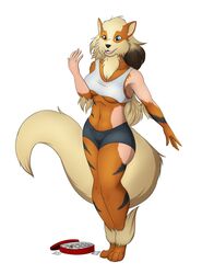  2018 4_toes 5_fingers absurd_res anthro arcanine black_markings black_nose blue_eyes breasts candy chocolate dessert fangs feet female fingers food fur generation_1_pokemon hi_res human_to_anthro markings nintendo open_mouth open_smile orange_body orange_fur pokemon pokemon_(species) simple_background smile solo species_transformation standing tail teeth toes tomek1000 transformation under_boob white_background 