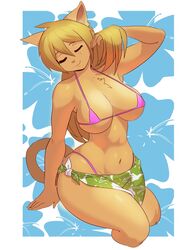  2019 anthro bikini breasts closed_eyes clothing domestic_cat felid feline felis female fur hair hi_res juzztie leona_(flafty) mammal navel pink_bikini pink_clothing pink_swimwear sarong smile solo swimwear 