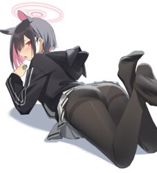  animal_ears ass black_hair black_hoodie black_jacket black_pantyhose blue_archive blush cat_ears colored_inner_hair commentary extra_ears feet female food from_behind hair_behind_ear hair_ornament hairclip halo holding holding_food hood hood_down hoodie jacket kazusa_(blue_archive) kildir legs looking_back lying miniskirt multicolored_hair no_shoes on_stomach open_mouth panties panties_under_pantyhose pantyhose pink_hair pink_halo pleated_skirt short_hair skirt soles solo the_pose thighband_pantyhose two-tone_hair underwear white_skirt 