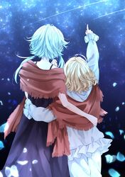  2girls arm_around_waist arm_up bad_id bad_twitter_id blonde_hair commentary_request fingernails from_behind highres izayoi_sakuya jewelry kirisame_marisa long_fingernails long_sleeves multiple_girls necklace night night_sky nightgown petals pointing shawl shirt shooting_star short_hair_with_long_locks sky souta_(karasu_no_ouchi) star_(sky) stargazing starry_sky touhou white_shirt yuri 