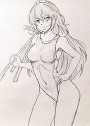  alternate_costume breasts breasts_apart closed_mouth collarbone commentary_request competition_swimsuit contrapposto covered_navel cowboy_shot d-m_(dii_emu) female from_side greyscale groin hair_between_eyes hand_on_own_hip happy hat highleg highleg_swimsuit holding holding_tripod iizunamaru_megumu long_hair looking_at_viewer medium_breasts mini_hat monochrome one-piece_swimsuit over_shoulder simple_background smile solo standing swimsuit thighs tokin_hat touhou traditional_media tripod v-shaped_eyebrows 