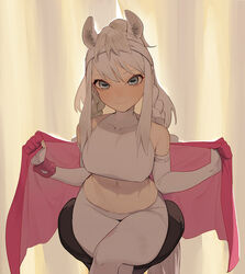  animal_ears bad_id bad_twitter_id beijuu braid breasts closed_curtains crop_top crossed_legs curtains elbow_gloves female fingerless_gloves gloves grey_eyes hairband horizontal_pupils horse_ears horse_girl horse_tail indoors kemono_friends long_hair midriff navel pantyhose shirt sitting sleeveless sleeveless_shirt smile solo tail thighs twin_braids white_hair white_pantyhose white_shirt white_thoroughbred_(kemono_friends) wristband 