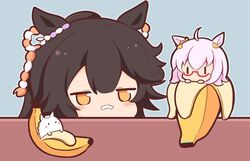  1other 2girls ahoge animal_ears banana bandaid bandaid_on_face bandaid_on_nose biwa_hayahide_(racehorse) biwa_hayahide_(umamusume) black_hair chibi creature_and_personification ear_ornament food fruit glasses gomashio_(goma_feet) hair_between_eyes horse_ears horse_girl jitome multiple_girls narita_brian_(umamusume) pink_hair semi-rimless_eyewear siblings sisters umamusume yellow_eyes |_| 