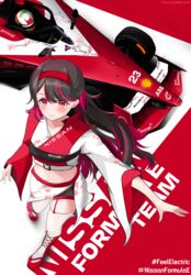  1boy absurdres black_shorts boots car female floating_hair formula_e formula_racer from_above garter_straps hairband helmet highres hiroki_tanabe long_hair midriff motor_vehicle multicolored_hair navel nismo nissan personification race_vehicle racecar real_life red_eyes red_footwear red_hair red_hairband sacha_fenestraz shell_(company) shirt shorts smile streaked_hair thighhighs v-shaped_eyebrows vehicle_and_personification very_long_hair white_shirt white_thighhighs wide_sleeves 