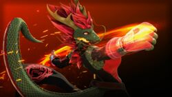  16:9 3d_(artwork) 5_fingers anthro blender_(artwork) bras_(petruz) breasts clothed clothing digital_media_(artwork) dragon eastern_dragon female fingerless_gloves fingers fire fist flaming_fist gloves green_body green_scales hair handwear hi_res humanoid_hands mythological_creature mythological_scalie mythology petruz petruz_(copyright) punch red_hair scales scalie solo tail teeth widescreen 