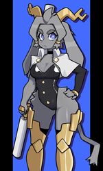  3:5 absurd_res anthro antlers armor armored_boots black_clothing black_leotard blue_eyes bovid breasts caprine cleavage clothed clothing club_(weapon) digital_media_(artwork) dream_breaker_(pseudoregalia) female fur goat grey_body grey_fur hair hi_res holding_object holding_weapon horn jackalope lagomorph leotard leporid looking_at_viewer mammal mantle melee_weapon muds nightstick pseudoregalia rabbit simple_background solo sybil_(pseudoregalia) tail twintails_(hairstyle) weapon 