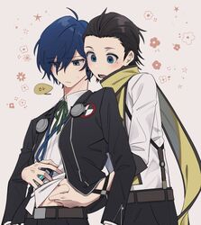  2boys black_hair black_jacket black_pants blue_eyes blue_hair blush elulit2 flower_(symbol) gekkoukan_high_school_uniform grabbing_another&#039;s_stomach hair_over_one_eye jacket long_sleeves male_focus mochizuki_ryouji mole mole_under_eye multiple_boys open_clothes open_jacket open_mouth pants persona persona_3 scarf school_uniform shirt simple_background suspenders sweat white_shirt yuuki_makoto_(persona_3) 