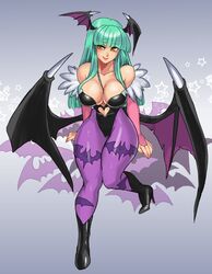  animal_print bare_shoulders bat_print black_footwear black_leotard blunt_bangs boots breasts bridal_gauntlets female full_body green_hair head_wings high_heel_boots high_heels large_breasts leotard morrigan_aensland pantyhose purple_background purple_pantyhose smile solo strapless strapless_leotard tokisige vampire_(game) wings yellow_eyes 