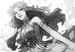  bare_arms breasts cleavage commentary_request dog_9uk dress dutch_angle falling_leaves female final_fantasy final_fantasy_xiv greyscale hair_ornament korean_commentary large_breasts leaf leaf_hair_ornament long_hair monochrome nophica parted_lips sleeveless sleeveless_dress smile solo 