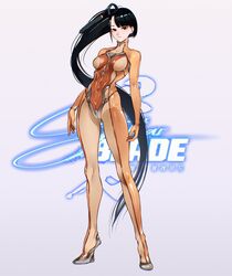  armored_shoes ass_visible_through_thighs black_hair bodysuit breasts brown_bodysuit brown_eyes cesar_art456 copyright_name eve_(stellar_blade) female full_body grey_footwear highres impossible_bodysuit impossible_clothes logo long_hair long_legs looking_at_viewer medium_breasts multicolored_bodysuit multicolored_clothes official_alternate_costume ponytail see-through see-through_bodysuit simple_background skin_suit_(stellar_blade) skin_tight solo standing stellar_blade two-tone_bodysuit very_long_hair 