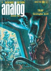  1969 20th_century alligatorid analog_science_fiction ancient_art anthro clock cover crocodilian english_text gun hi_res kelly_freas magazine_cover ranged_weapon reptile scalie tail text watch weapon 