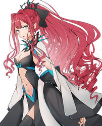  ameshiki baobhan_sith_(fate) black_dress breasts cleavage clothing_cutout collar cosplay dress fate/grand_order fate_(series) female grey_eyes hair_ribbon highres long_hair looking_at_viewer morgan_le_fay_(fate) morgan_le_fay_(fate)_(cosplay) navel navel_cutout parted_lips pink_hair pointy_ears ponytail ribbon sidelocks simple_background solo spiked_collar spikes stomach_tattoo tattoo two-tone_dress white_background white_dress wide_sleeves 