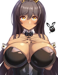  animal_ears bare_shoulders black_bow black_bowtie black_leotard black_nails bow bowtie breasts brown_hair cleavage closed_mouth collarbone commentary_request dark-skinned_female dark_skin detached_collar fake_animal_ears female goddess_of_victory:_nikke hair_between_eyes hands_on_own_chest highres large_breasts leotard long_hair looking_at_viewer luupechi noir_(nikke) playboy_bunny rabbit_ears sidelocks simple_background solo strapless strapless_leotard upper_body white_background wrist_cuffs yellow_eyes 