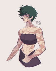  burn_scar female glasses green_hair highres jujutsu_kaisen multiple_scars muscular muscular_female round_eyewear sanjadraws scar scar_on_arm scar_on_face scars_all_over short_hair simple_background solo too_many zen&#039;in_maki 