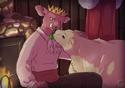  2021 ambiguous_gender anthro bear bottomwear clothed clothing crown digital_drawing_(artwork) digital_media_(artwork) domestic_pet domestic_pig dream_smp duo eye_contact feral fireplace fur furries_with_pets gem headgear hooves inside jalle looking_at_another male male_(lore) mammal pants petting pink_body pink_fur polar_bear shaded shirt sitting snout steve_(dream_smp) suid suina sus_(pig) technoblade topwear tusks ursine watermark white_body white_clothing white_fur white_shirt white_topwear 