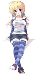  :d absurdres ahoge aqua_scrunchie arms_at_sides bare_shoulders black_shorts blonde_hair blue_sleeves blue_thighhighs blush breasts collarbone commentary crossed_legs curvy denim denim_skirt female full_body garter_straps hair_between_eyes hair_ornament hair_scrunchie happy highres horizontal-striped_thighhighs large_breasts legs lena_liechtenauer long_hair looking_at_viewer low_twintails navel off-shoulder_shirt off_shoulder open_mouth panties panty_peek purple_eyes purple_footwear scrunchie senren_banka shirt shorts simple_background sitting skirt smile solo striped_clothes striped_thighhighs takepoison thighhighs twintails underwear white_background white_panties white_shirt zettai_ryouiki 