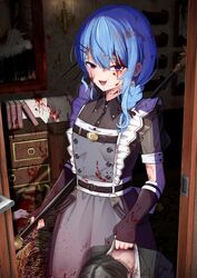  2others absurdres apron bardiche_(weapon) black_dress black_gloves black_hair blood blood_in_hair blood_on_clothes blood_on_face blood_on_ground blood_on_wall blue_eyes blue_hair braid collared_dress commentary_request corpse death doorway dress feet_out_of_frame female fingerless_gloves gloves grey_apron hair_between_eyes hair_ornament hair_over_shoulder hairclip highres hiiragi_melt holding holding_polearm holding_weapon hololive hoshimachi_suisei hoshimachi_suisei_(maid) indoors long_hair looking_at_viewer maid multiple_others official_alternate_costume official_alternate_hairstyle open_door open_mouth painting_(object) polearm pov_doorway short_sleeves side_braid single_braid smile solo_focus standing virtual_youtuber weapon yandere 