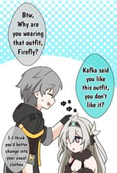  1boy bare_shoulders breasts caelus_(honkai:_star_rail) chibi cleavage cosplay crossover embarrassed english_text fate/grand_order fate_(series) female firefly_(honkai:_star_rail) fur_collar fur_trim grey_hair hairband headpat highres honkai:_star_rail honkai_(series) kulo_jawa mash_kyrielight mash_kyrielight_(dangerous_beast) mash_kyrielight_(dangerous_beast)_(cosplay) small_breasts smile trailblazer_(honkai:_star_rail) 