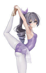  alternate_costume armpits arms_up ass ballerina ballet ballet_slippers bodysuit breasts closed_mouth cowboy_shot drill_hair drill_ponytail female foka_(beginner) from_side grey_eyes grey_hair hands_up high_ponytail highres honkai:_star_rail honkai_(series) leg_up leotard looking_at_viewer pantyhose purple_leotard silver_wolf_(honkai:_star_rail) simple_background single_drill small_breasts small_sweatdrop solo split standing standing_on_one_leg standing_split tutu white_background white_pantyhose 