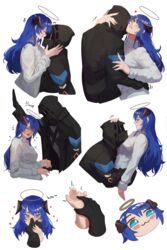  1other :3 :d absurdres arknights black_gloves blue_eyes blue_hair blush_stickers couple doctor_(arknights) female flying_sweatdrops gloves halo heart highres hood hooded_jacket horns hug jacket mask mostima_(arknights) najashi open_mouth simple_background smile white_background 