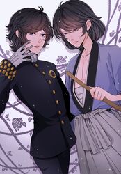  2boys androgynous ascot bare_pectorals black_hair blue_eyes blue_kimono floral_print flower gloves gold_buttons gradient_background grey_eyes hakama highres ishikawa_goemon_xiii japanese_clothes key_r_kenway kimono lupin_iii lupin_the_third:_mine_fujiko_to_iu_onna multiple_boys oscar_(lupin_iii) otoko_no_ko pectorals police police_uniform rose rose_print sarashi sheath short_hair thorns uniform white_ascot white_gloves 