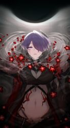  absurdres acheron_(honkai:_star_rail) black_choker black_gloves black_hole blood blood_from_eyes body_markings bonefire0909 breasts chains choker cleavage detached_sleeves female flower gloves hair_over_one_eye highres honkai:_star_rail honkai_(series) long_hair midriff navel partially_submerged purple_eyes purple_hair red_flower single_bare_shoulder solo stomach water 