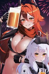  2girls aerial_fireworks ahoge alcohol arm_up beer beer_mug between_breasts black_bow black_bowtie black_gloves black_jacket blush bow bowtie breasts cleavage cloak commentary_request cowboy_shot cropped_jacket cup drinking_straw drinking_straw_in_mouth fingerless_gloves fireworks gloves goddess_of_victory:_nikke grin hair_between_eyes hair_flaps head-mounted_display headlock highres holding holding_cup horns jacket juice large_breasts leather leather_jacket long_hair long_sleeves looking_at_viewer mechanical_horns milmil7 mug multiple_girls navel night orange_juice red_hair red_hood_(nikke) red_scarf scarf sidelocks sky smile snow_white_(innocent_days)_(nikke) snow_white_(nikke) standing star_(sky) starry_sky stomach strap_between_breasts suspenders teeth unzipped white_cloak white_hair yellow_eyes 