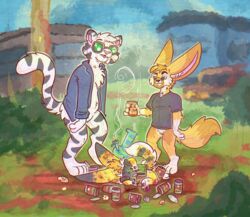  absurd_res alcohol ambiguous_gender anthro beverage bong bottomless canid canine canned_food clothed clothing drugs eyewear facial_hair family_guy_death_pose felid fennec_fox fox glasses goatee group hi_res male mammal marijuana nightlinez pantherine ravioli rohofennec_(character) tiger trailer_park_boys trio true_fox 