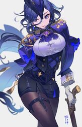  black_skirt blue_hair breasts button_gap capelet clorinde_(genshin_impact) commentary_request corset cowboy_shot female framed_breasts genshin_impact gun handgun hat highres holding holding_gun holding_weapon kippeijii long_hair looking_at_viewer medium_breasts miniskirt pantyhose pencil_skirt purple_capelet purple_eyes shirt skirt solo standing thigh_strap thighs tricorne very_long_hair vision_(genshin_impact) weapon white_shirt 