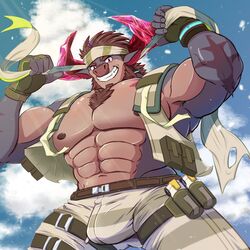  1:1 abs accessory anthro biceps biped body_hair bovid bovine brown_body brown_fur bulge cattle chest_hair clothing fur grin hair headband hi_res lifewonders male male_anthro mammal muscular muscular_anthro muscular_male nipples obsidius pecs red_hair shirtless smile solo thigh_strap to_hakuto topwear vest 