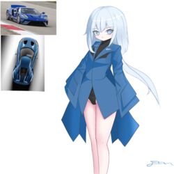  black_leotard blue_eyes blue_jacket elll female ford ford_gt highres jacket leotard looking_at_viewer low_ponytail open_mouth original personification reference_inset simple_background sleeves_past_wrists solo vehicle_and_personification white_background 