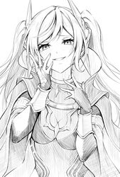  breasts bridal_gauntlets cape corruption dark_persona empty_eyes evil_smile female fire_emblem fire_emblem_awakening fire_emblem_heroes grima_(fire_emblem) jewelry long_hair looking_at_viewer medium_breasts monochrome official_alternate_costume parted_lips ring robin_(female)_(fell_tactician)_(fire_emblem) robin_(female)_(fire_emblem) robin_(fire_emblem) simple_background smile solo ten_(tenchan_man) twintails upper_body white_background 