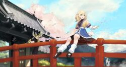  arm_warmers bird blonde_hair blue_sky cherry_blossoms cloud commentary_request day female green_eyes highres kinketsu leg_warmers mizuhashi_parsee on_railing open_mouth petals pointy_hair railing sash shirt sitting skirt sky smile solo touhou tree water waterfall 