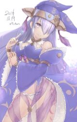  blue_dress blue_hat breasts commentary_request dated detached_sleeves dress eva_(sennen_sensou_aigis) female hair_over_one_eye hat index_finger_raised long_hair looking_at_viewer medium_breasts panties purple_eyes purple_hair see-through sennen_sensou_aigis solo standing tassel tattoo te_te_te_te underwear very_long_hair white_panties wide_sleeves wristband 