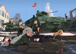  5girls :d aiming armband assault_rifle barbed_wire battle_rifle beret black_bra black_footwear black_legwear black_shorts blonde_hair blue_sky boots bra braid breasts building bundeswehr camouflage can caterpillar_tracks cleavage closed_mouth commentary_request criss-cross_halter cross day drink_can eisernes_kreuz finger_on_trigger flag french_braid g28_(girls&#039;_frontline) g36_(girls&#039;_frontline) g36c_(girls&#039;_frontline) g3_(girls&#039;_frontline) garter_straps german_flag girls&#039;_frontline gloves gradient_hair green_eyes green_hair green_hat green_skirt gun h&amp;k_g28 h&amp;k_g3 h&amp;k_g36 h&amp;k_g36c h&amp;k_mg4 hair_ornament hair_over_one_eye hairband hairclip halterneck hat headset holding holding_gun holding_weapon holster iron_cross knee_boots leopard_2 lolita_hairband long_hair long_sleeves looking_ahead looking_at_viewer looking_away looking_to_the_side low-tied_long_hair lying machine_gun maid_headdress marder_ifv medium_breasts mg4_(girls&#039;_frontline) military military_hat military_uniform military_vehicle motor_vehicle multicolored_hair multiple_girls on_one_knee on_stomach open_mouth outdoors parted_bangs parted_lips partially_unzipped photoshop_(medium) pleated_skirt profile purple_eyes red_eyes red_hat rifle sandbag shadow shell_casing shoes short_ponytail shorts side_braid side_ponytail sima_naoteng single_braid sitting skirt sky smile sniper_rifle soda_can standing steeple sunlight tank thigh_holster thighhighs tower trench underwear uniform unzipped very_long_hair walking weapon white_gloves white_hair yellow_eyes 