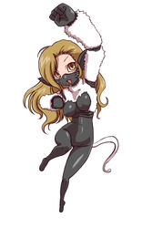  :3 :d animal_ears arm_up black_bodysuit bodysuit breasts cat_ears cat_tail clenched_hands commentary_request eyebrows facial_mark female full_body light_brown_hair long_hair mask medium_breasts mouth_mask nekomata nekomata_(megami_tensei) ninja_mask nollety open_mouth orange_eyes paw_pose shin_megami_tensei simple_background single_hair_intake smile solo tail turtleneck whisker_markings white_background 