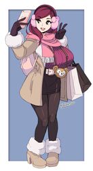  backpack bag bangs belt beryl_(junkpuyo) black_eyes black_legwear blue_background boots breasts brown_coat cellphone coat duffy_the_disney_bear earmuffs eyebrows eyebrows_visible_through_hair fashion gloves highres huge_breasts junkpuyo long_hair long_sleeves miniskirt open_mouth original pantyhose phone pink_scarf pocket red_hair scarf self_shot shopping_bag simple_background skirt smartphone smartphone_case smile solo standing sweater swept_bangs twitter_username v 