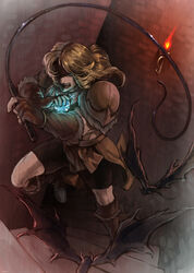  1boy absurdres armor bandana bat_(animal) blonde_hair boots castlevania_(1986) castlevania_(series) commentary_request fingerless_gloves food_fighter_441 gloves headband highres holy_water long_hair male_focus open_mouth pauldrons photoshop_(medium) shorts shoulder_armor simon_belmont stairs vambraces whip 