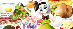  2girls ^_^ bacon black_bow black_bowtie black_ribbon blue_kimono bow bowtie breasts broccoli center_frills cherry_tomato closed_eyes closed_mouth coffee commentary cup egg_(food) english_text engrish_text food fork fried_egg frills green_eyes green_skirt green_vest hair_ribbon hands_up happy hat head_tilt hitodama holding holding_fork holding_spatula honey japanese_clothes jar ketchup kimono konpaku_youmu konpaku_youmu_(ghost) large_breasts lettuce mob_cap mug multiple_girls obi omelet omurice open_mouth pepper_(spice) photoshop_(medium) pink_hair plate puffy_short_sleeves puffy_sleeves ranguage ribbon saigyouji_yuyuko sash shirt short_hair short_sleeves skirt skirt_set smile spatula tareme teaspoon tomato touhou triangular_headpiece usuusu vest white_hair white_shirt wide_sleeves 