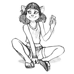  1:1 2018 4_fingers amneris anthro biped black_and_white black_hair bottomwear bracelet cellphone clothing crown disney domestic_cat donald_duck_(comics) ear_piercing electronics felid feline felis female fingers flip_flops footwear hair headgear jewelry ked looking_up mammal midriff monochrome necklace phone piercing sandals shirt shorts simple_background sitting smile solo tank_top tiara topwear white_background 