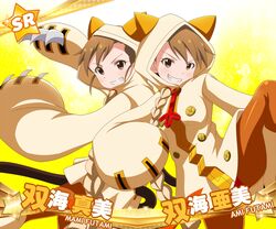  2girls animal_ears animal_hood blazblue braid brown_eyes brown_hair cat_ears cat_hood cat_tail claws commentary_request cosplay futami_ami futami_mami grin hood idolmaster idolmaster_(classic) idolmaster_million_live! jabara_tornado looking_at_viewer multiple_girls panties pantyhose red_panties siblings sisters smile tail taokaka taokaka_(cosplay) twins underwear 