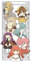  6+girls armor bare_shoulders blonde_hair bow braid breastplate breasts brown_hair celica_(fire_emblem) cleavage commentary_request delthea_(fire_emblem) earrings fangs faye_(fire_emblem) fingerless_gloves fire_emblem fire_emblem_echoes:_shadows_of_valentia glasses gloves green_eyes green_hair helmet highres jewelry kaiji0324 long_hair low-braided_long_hair low-tied_long_hair mae_(fire_emblem) mathilda_(fire_emblem) medium_breasts multiple_girls open_mouth pink_hair ponytail purple_eyes purple_hair red_eyes red_hair sonya_(fire_emblem_gaiden) tatiana_(fire_emblem) tiara twin_braids twintails white_background 