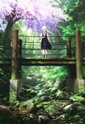  ai_(re:lief) black_dress black_socks bow bridge commentary_request dress female floating_hair hairbow highres long_hair mocha_(cotton) outdoors petals re:lief_~shin&#039;ai_naru_anata_e~ scenery signature silver_hair socks solo standing tree very_long_hair wide_shot 