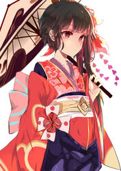  absurdres asymmetrical_hair black_hair chinese_commentary collarbone commentary female highres holding holding_umbrella japanese_clothes kagura_(onmyoji) kimono long_hair obi onmyoji qingli_green red_eyes red_kimono sash simple_background solo standing umbrella white_background yukata 