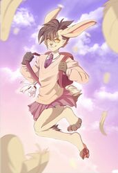  4_toes 5_fingers anthro barefoot digitigrade feet femboy fingers grey_hair grey_nose hair hi_res lagomorph leporid male mammal rabbit rikitoka smile toes yellow_eyes 