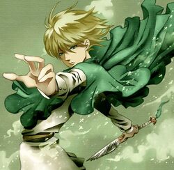  1boy belt berserk blonde_hair cape green_eyes male_focus nama_(na-ma) serpico solo wind 