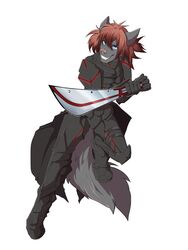  3:4 5_fingers anthro armor blue_eyes canid canine canis clothed clothing domestic_dog fingers hair hi_res holding_object holding_weapon male mammal pink_nose red_hair rikitoka simple_background smile solo teeth weapon white_background 