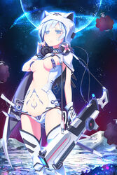  animal_hood bad_id bad_pixiv_id blue_eyes blue_hair blush breasts cat_hood cloak closed_mouth commentary_request female headphones headphones_around_neck hood hooded_cloak loup mecha_musume medium_breasts original outdoors revealing_clothes science_fiction short_hair solo space standing thighhighs thighs white_thighhighs 