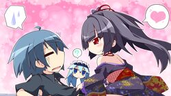  16:9 1boy 2girls asami_asami azurite blue_hair chibi game_cg long_hair multiple_girls re:birth_colony rindou_airi rindou_souji 